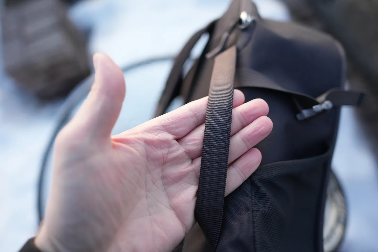 Close-up of the strap webbing on the Osprey Daylite 35 showing the nylon webbing material