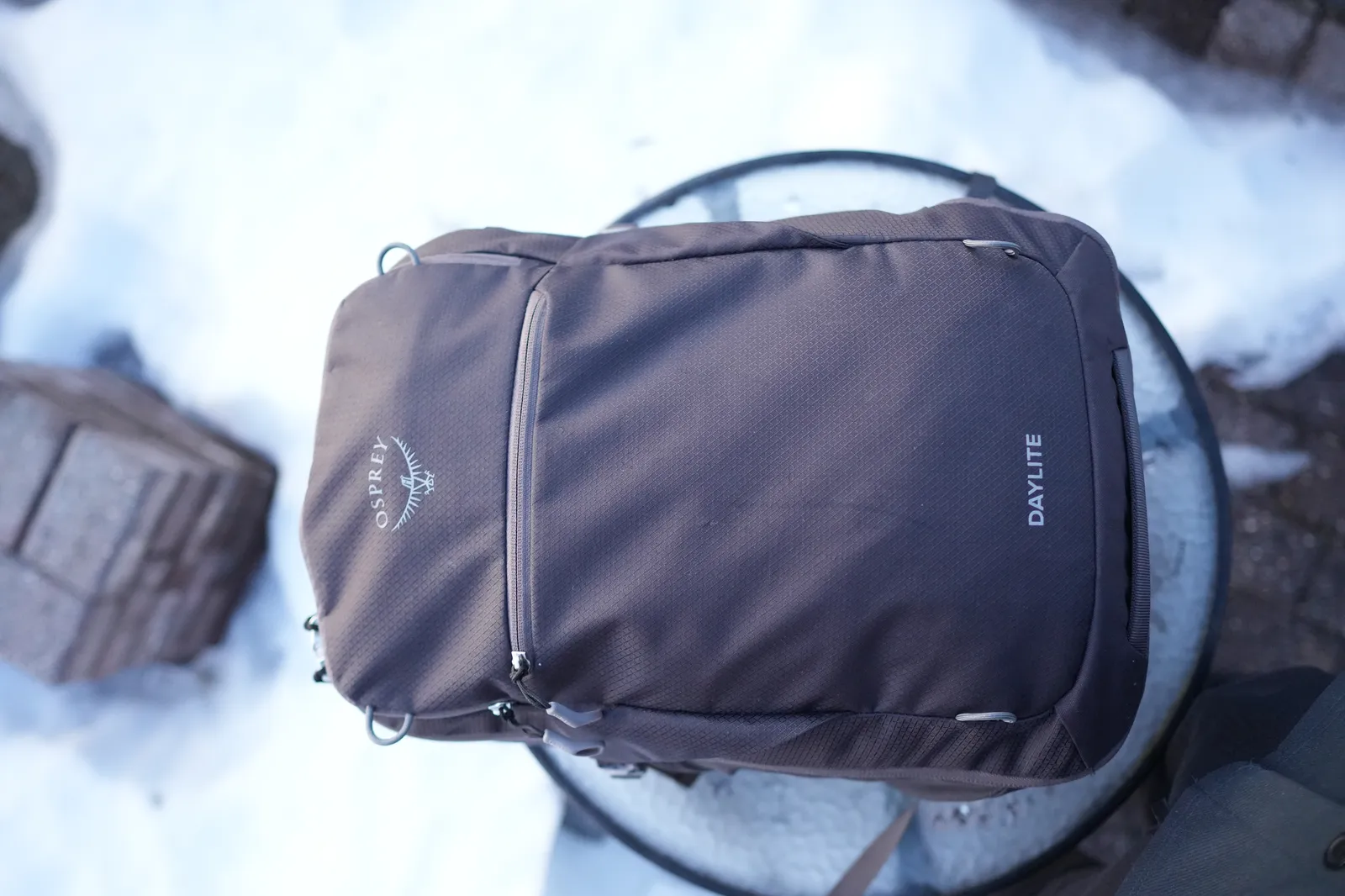 Top-down view of the Osprey Daylite 35 showing the Osprey logo and DAYLITE branding on the front panel