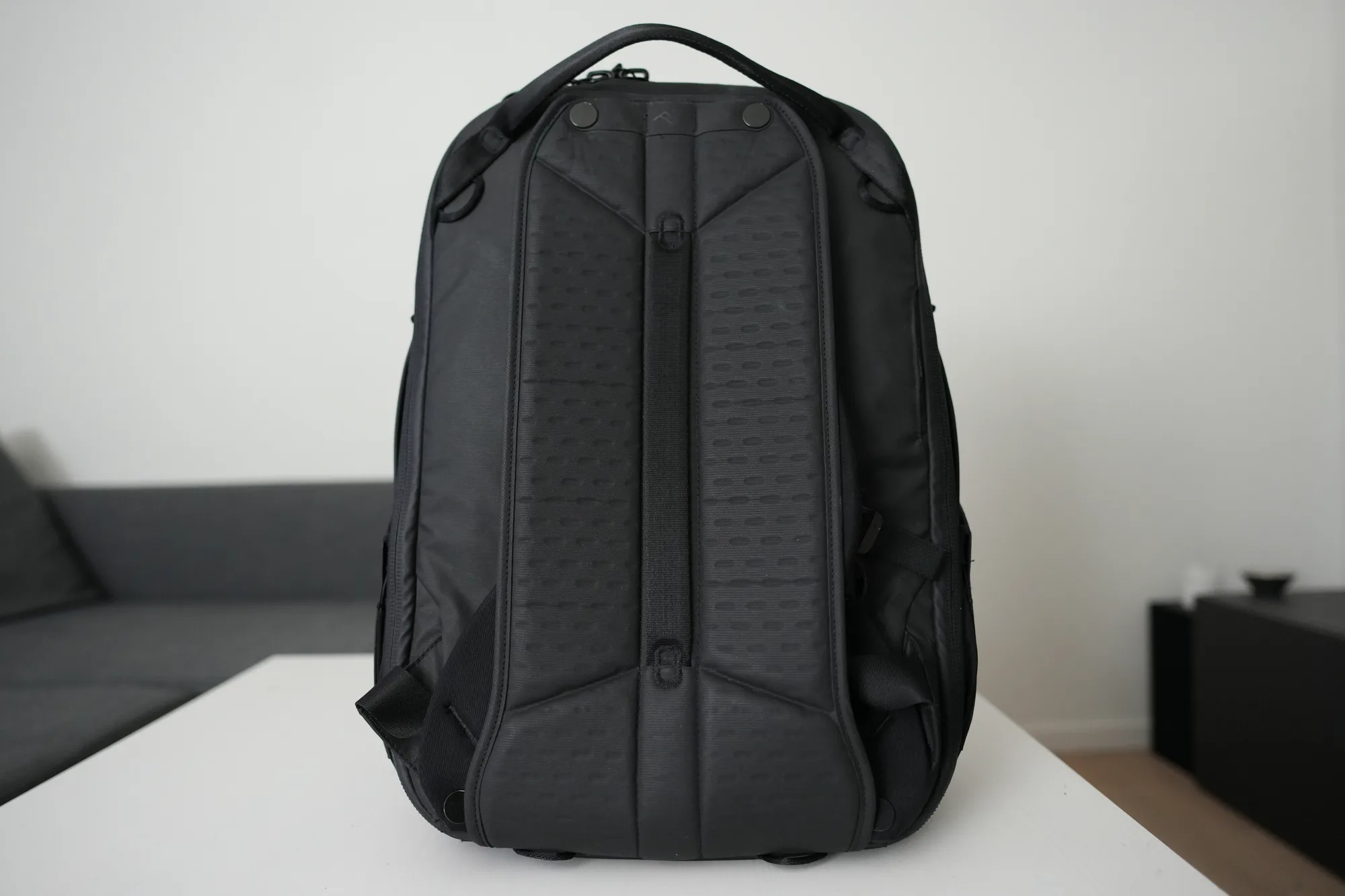 Peak Design Travel Backpack 30L back panel with shoulder straps tucked away