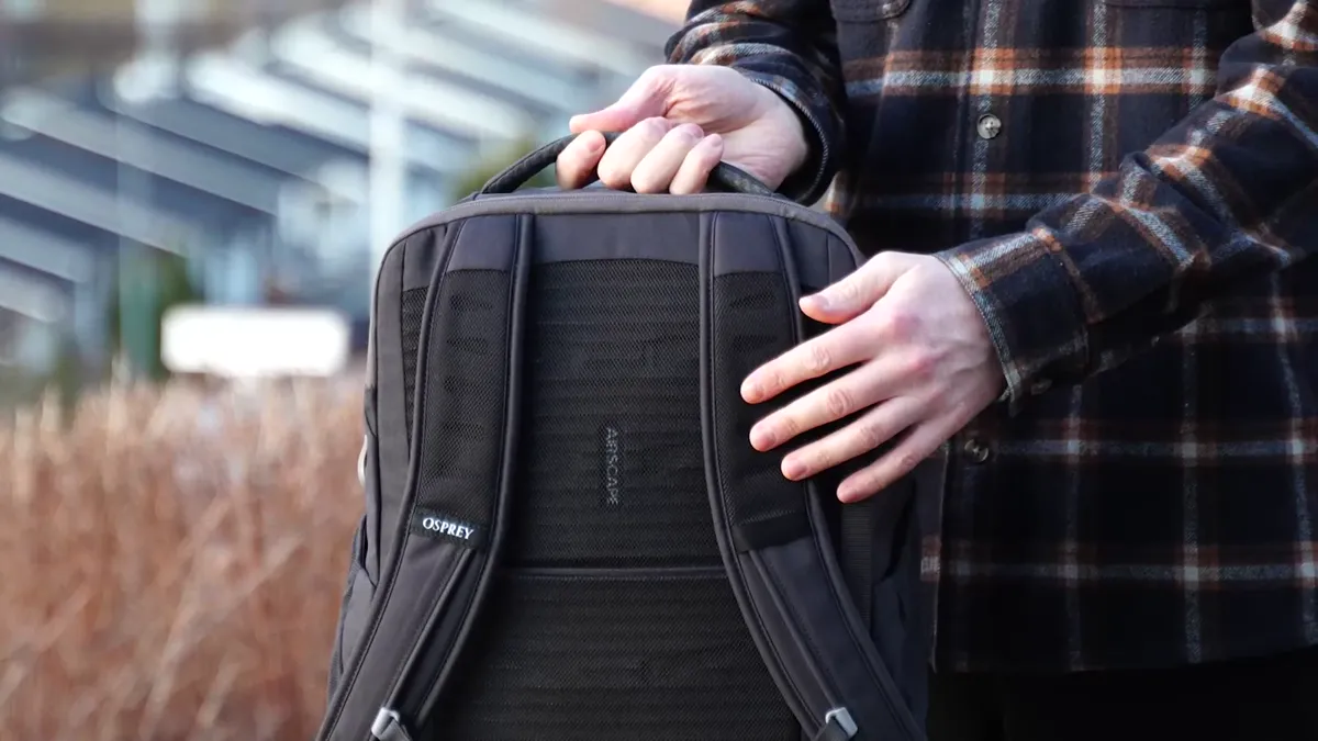 Osprey Daylite 26+6 back panel showing Airscape foam padding and harness